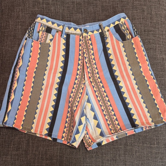 Vintage Pants - Vintage 90s Northwest Blue Tribal Print High Rise Shorts 32” Waist